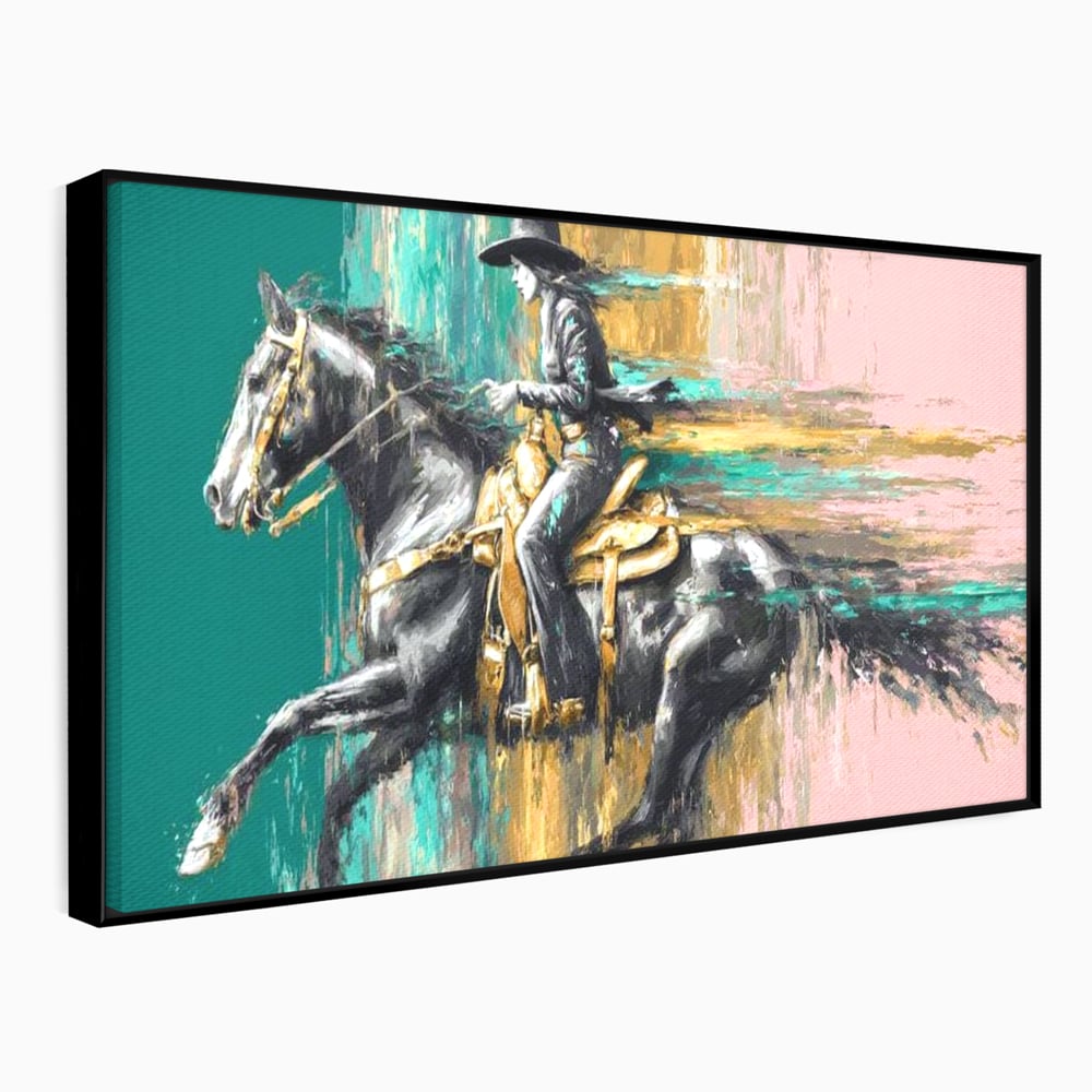 Tablou canvas cu pictura cu femeie calare pe armasar, in rama de aluminiu negru